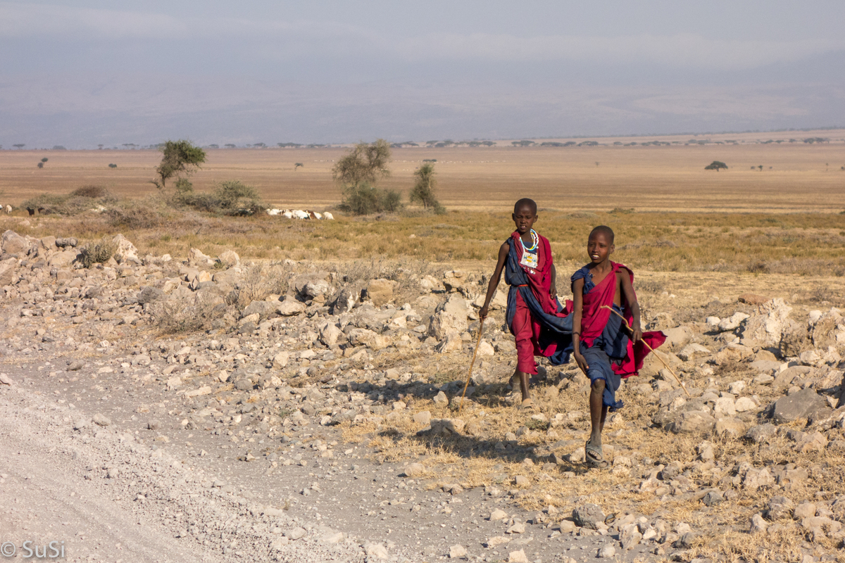 Die Massai Kinder kommen gucken warum wir nicht weiter fahren